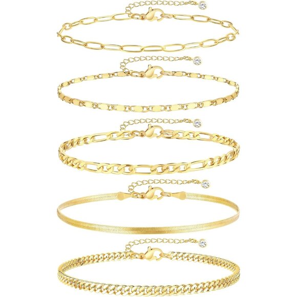 Gorgeous Waterproof Gold Anklet Set - 5 Layered Cuban Link Bracelets for Women - Picture 1 of 5